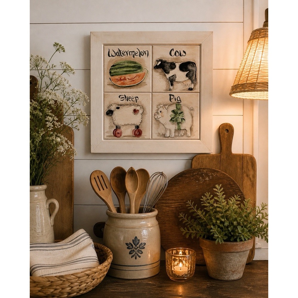 Farmhouse Cottage Wall Art Farm Animals Cow Pig Wtrmln Sheep‎ Wood Whimsy 15.5"